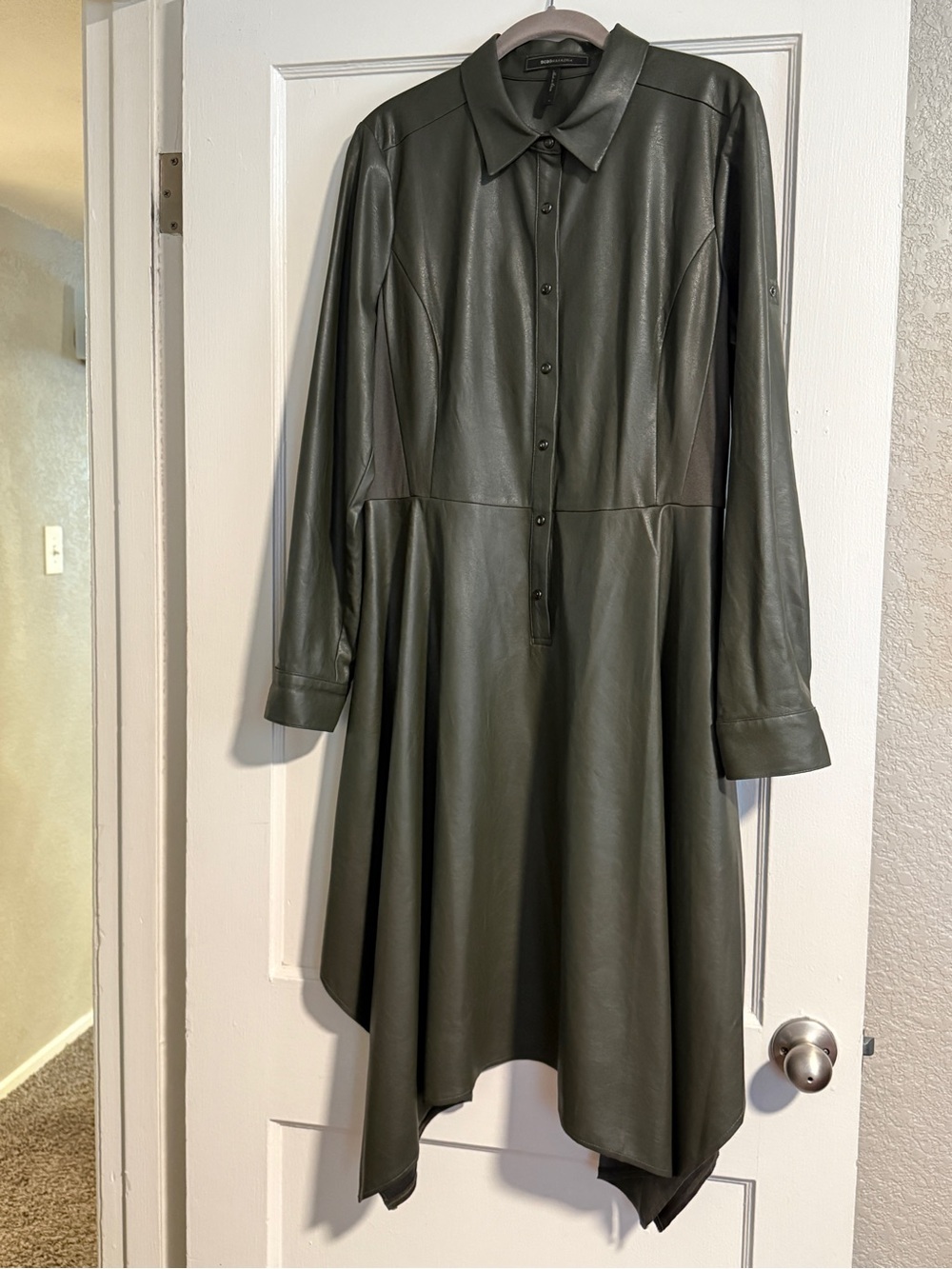 BCBGMaxAzria Olive Asymmetrical Faux Leather Shirt Dress